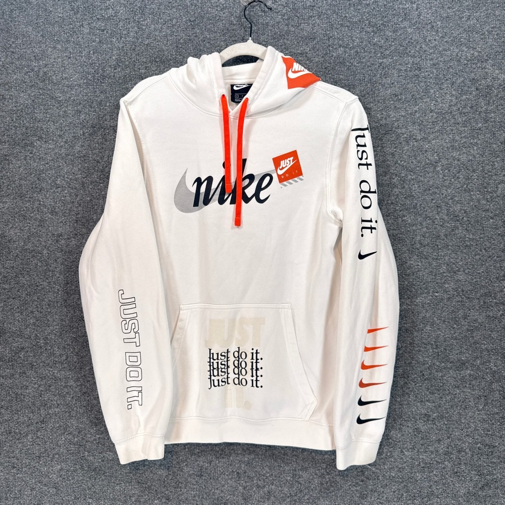Nike Hoodie Mens Small White Just Do It Graphic Pullover Sweatshirt Fleece